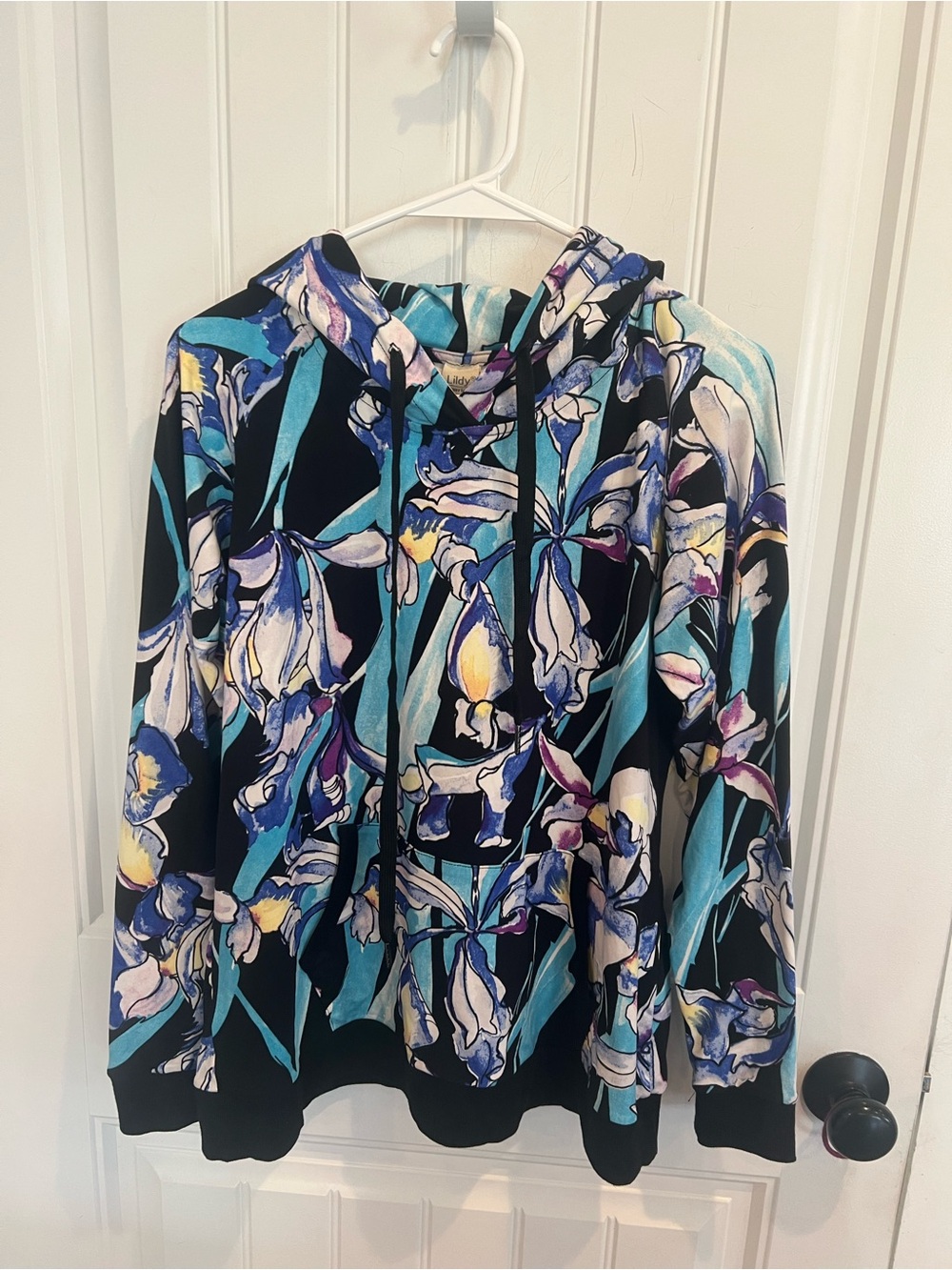 Lildy Super Soft Floral Hoodie Blue Black Iris Print Pullover S/M